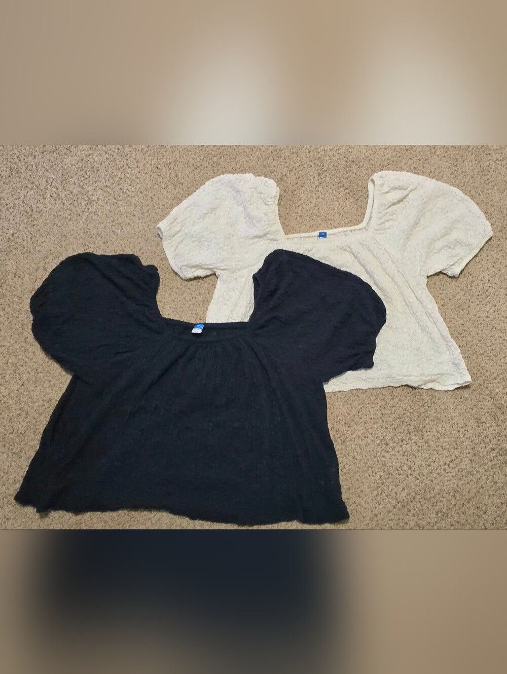 Set of 2 Old Navy Puff Sleeve Square Neck Lace Top Size 2X - Navy Blue and White